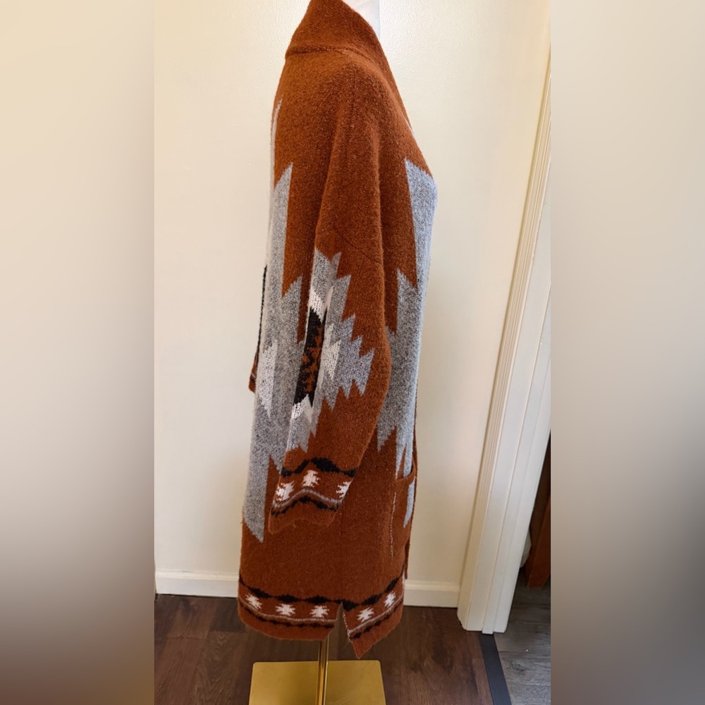 Rust Geo-Pattern Open Front Cardigan Sweater for … - image 8